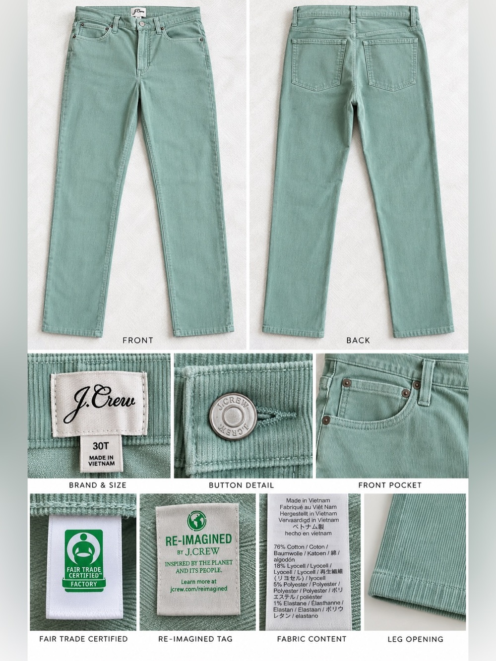J Crew 30T Women's Mint green Corduroy Straight Leg Pant